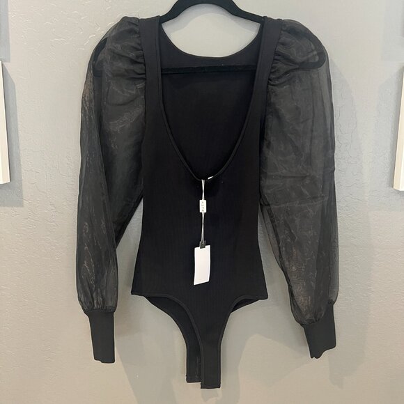 NWT ASTR Semisheer Organza Sleeve Black Chic Bodysuit - Picture 5 of 5